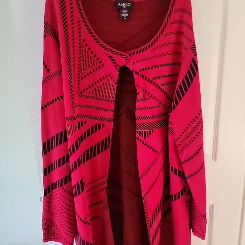 Ashro Red Black Open Longline Cardigan Sweater 1-Button Formal Wear 3XL Art